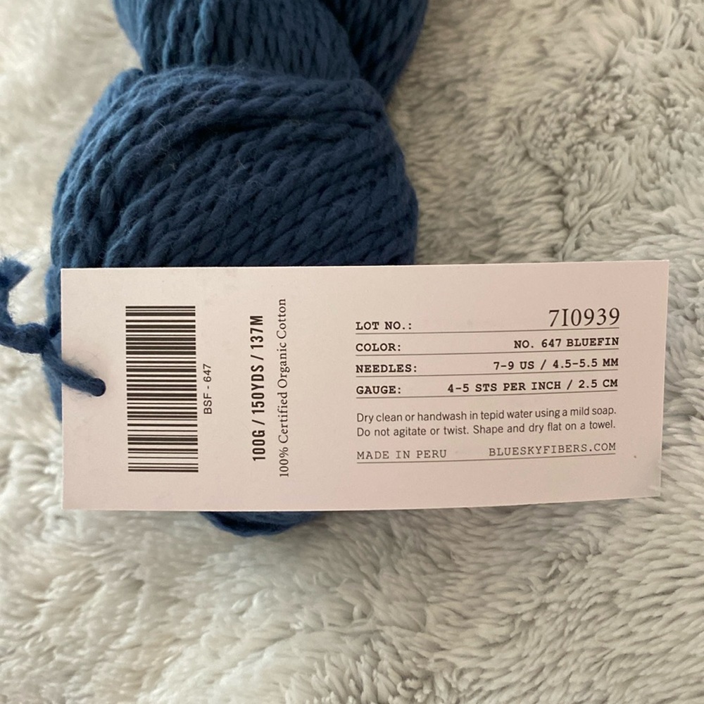 Blue Sky Fibers Organic Cotton (Worsted), Color 647 Bluefin, Lot 7I0939, NWT